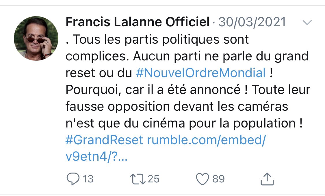 Dans ce thread, je vous propose d’aller explorer les tweets de l’activiste politique et chanteur Francis Lalanne.Il s’insurge quand on le traite de complotiste, évidemment ;Pourtant il parle du nouvel ordre mondial, du big reset, de l’Etat profond et du génocide des vaccins..