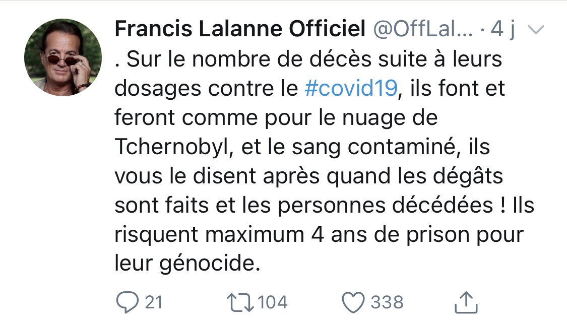 Dans ce thread, je vous propose d’aller explorer les tweets de l’activiste politique et chanteur Francis Lalanne.Il s’insurge quand on le traite de complotiste, évidemment ;Pourtant il parle du nouvel ordre mondial, du big reset, de l’Etat profond et du génocide des vaccins..