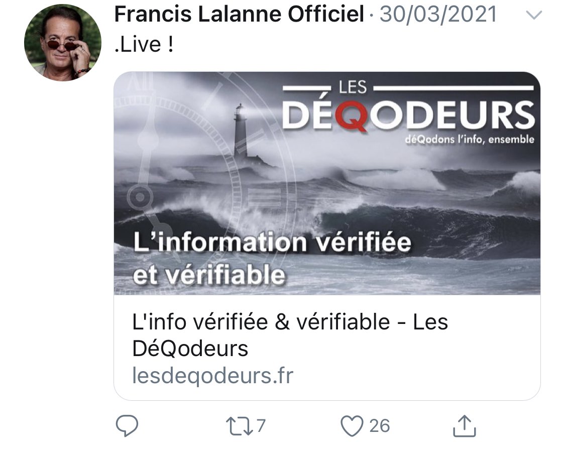 Francis Lalanne n’est pas complotiste, mais il retweet le blog France Soir, et surtout, les DeQodeurs, qui sont les fers de lance du conspirationnisme QAnon en France, vous savez les pro-Trump qui n’arrêtaient pas de faire des prédictions pétées qui ne se réalisaient jamais :