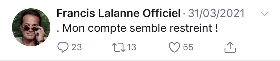 Francis Lalanne n’est pas complotiste, mais il est tellement parano qu’il croit que Twitter surveille les « opposants au régime » et qu’ils sont liés à chaque petit problème technique et à chaque sondage qui ne va pas dans son sens.Sur seulement 4 jours :