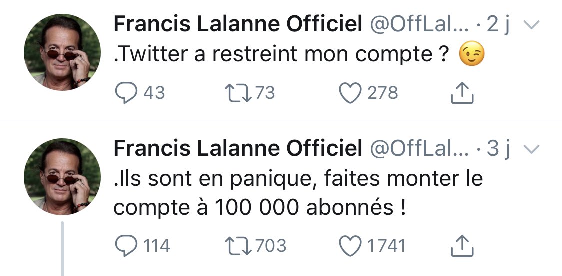 Francis Lalanne n’est pas complotiste, mais il est tellement parano qu’il croit que Twitter surveille les « opposants au régime » et qu’ils sont liés à chaque petit problème technique et à chaque sondage qui ne va pas dans son sens.Sur seulement 4 jours :