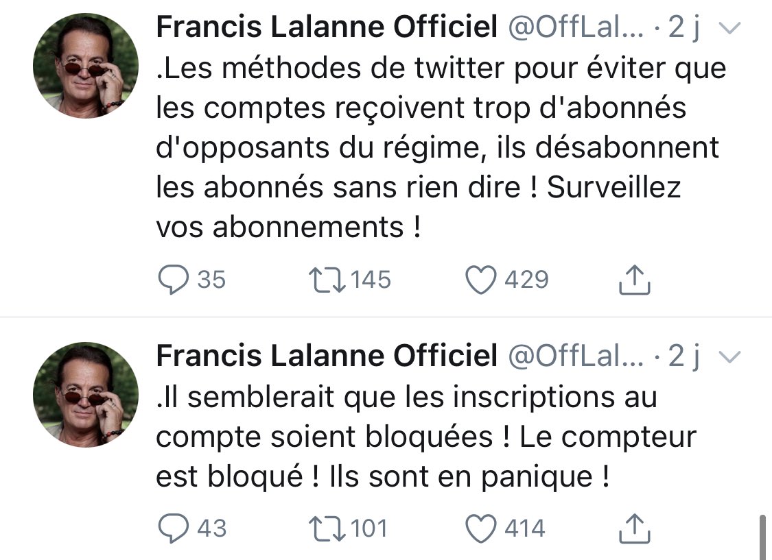 Francis Lalanne n’est pas complotiste, mais il est tellement parano qu’il croit que Twitter surveille les « opposants au régime » et qu’ils sont liés à chaque petit problème technique et à chaque sondage qui ne va pas dans son sens.Sur seulement 4 jours :