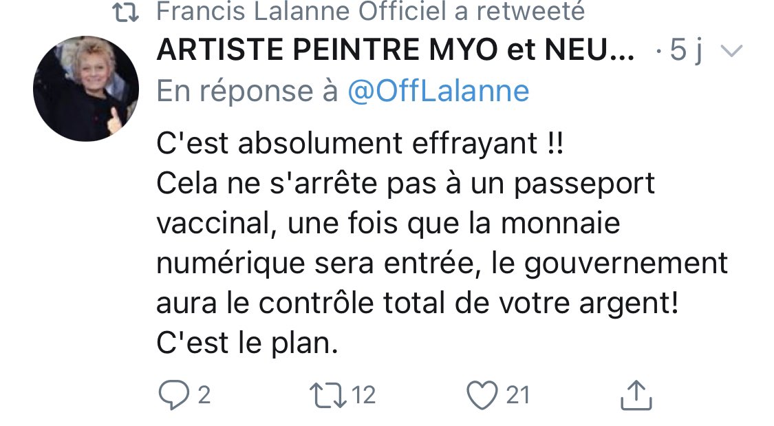 Francis Lalanne n’est pas complotiste, mais il retweet quelqu’un qui dit que le passeport vaccinal fait partie d’un plan du gouvernement pour avoir le contrôle total sur notre argent.Comme s’il avait besoin de ce subterfuge pour avoir le contrôle 