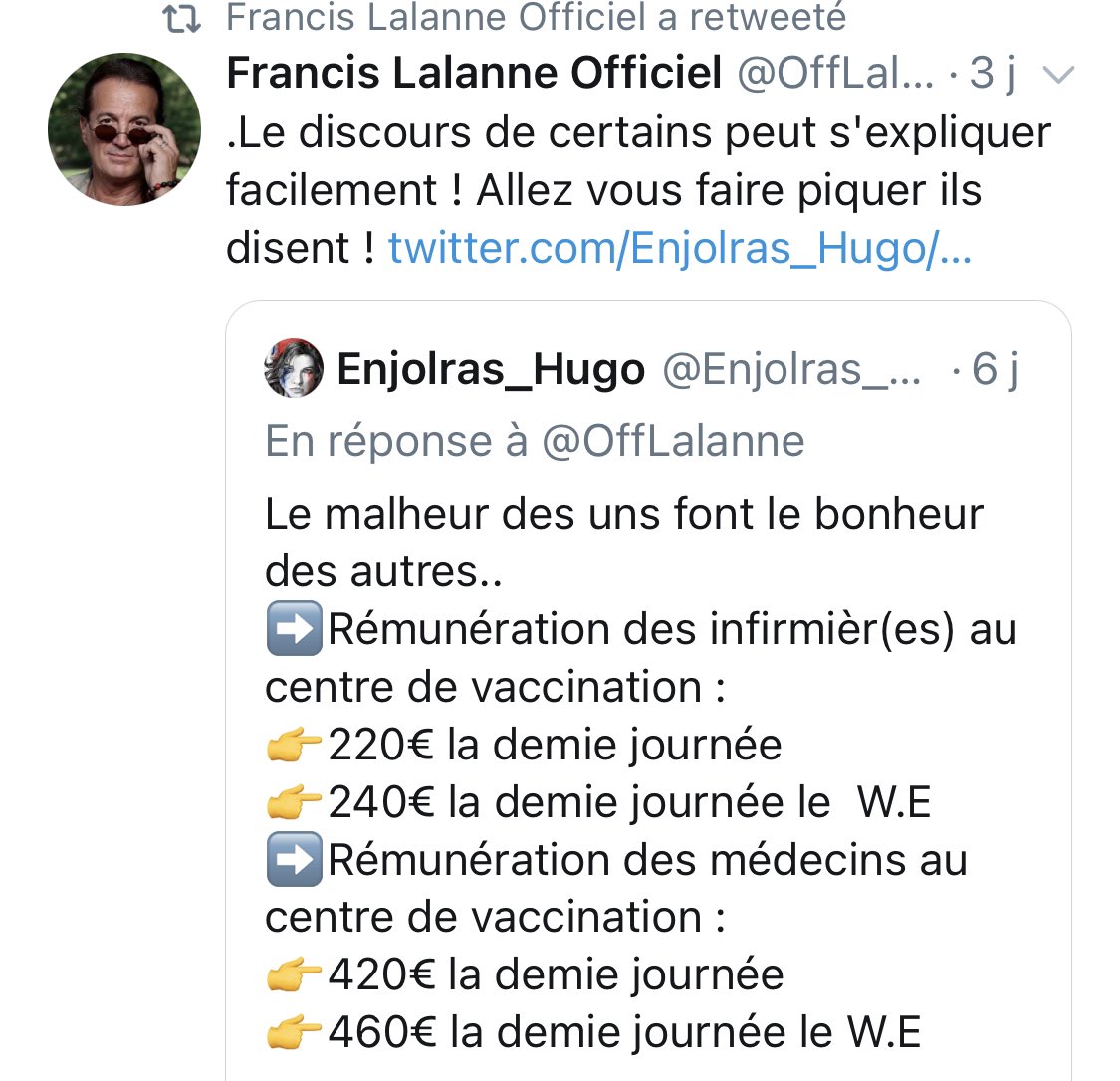 Francis Lalanne n’est pas complotiste, mais il pense que si les médecins et infirmières acceptent de participer à un génocide en connaissance de cause en vaccinant les gens, c’est parce qu’ils sont bien payés à la demi-journée au centre de vaccination.