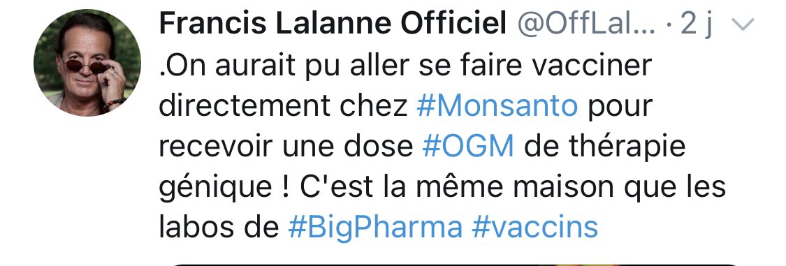 Francis Lalanne n’est pas complotiste, mais il met dans le même sac des trucs qui n’ont rien à voir, parce qu’il ne les comprend pas.L’idée : c’est technologique, c’est pas naturel, donc c’est la même chose et c’est méchant.