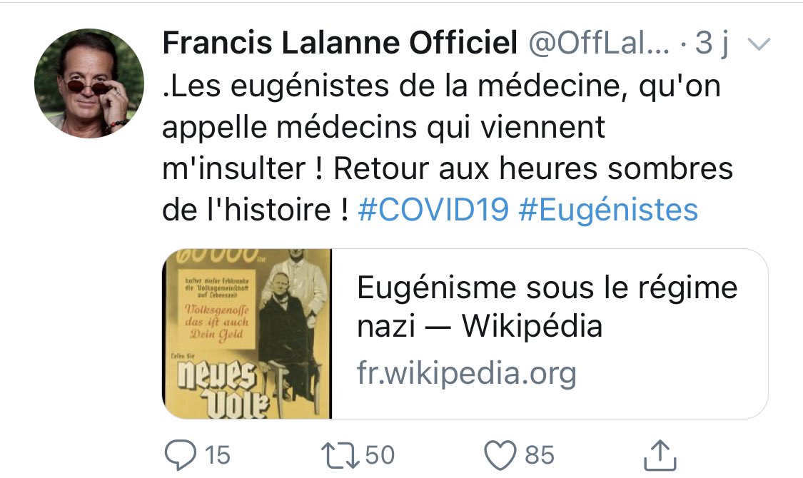 Francis Lalanne n’est pas complotiste, mais les médecins qui le contredisent sur la question du Covid sont des eugénistes comme les nazis.Rappel : les eugénistes sont pour la survie des plus forts sans aider les plus faibles.C’est ce que propose Francis Lalanne pour le Covid.