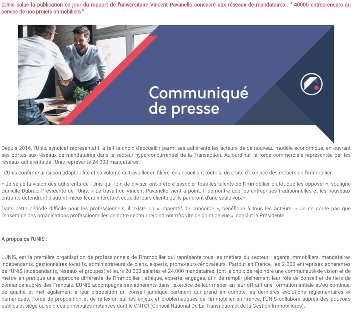 Communiqué : Réseaux de mandataires : Un impératif de concorde.
L'Unis salue la publication ce jour du rapport de l'universitaire <a href="/V_Pavanello/">Vincent Pavanello</a> consacré aux réseaux de mandataires : " 40000 entrepreneurs au service de nos projets immobiliers ".
<a href="/DDubrac/">Danielle Dubrac</a>
➡️unis-immo.fr/particuliers/a…