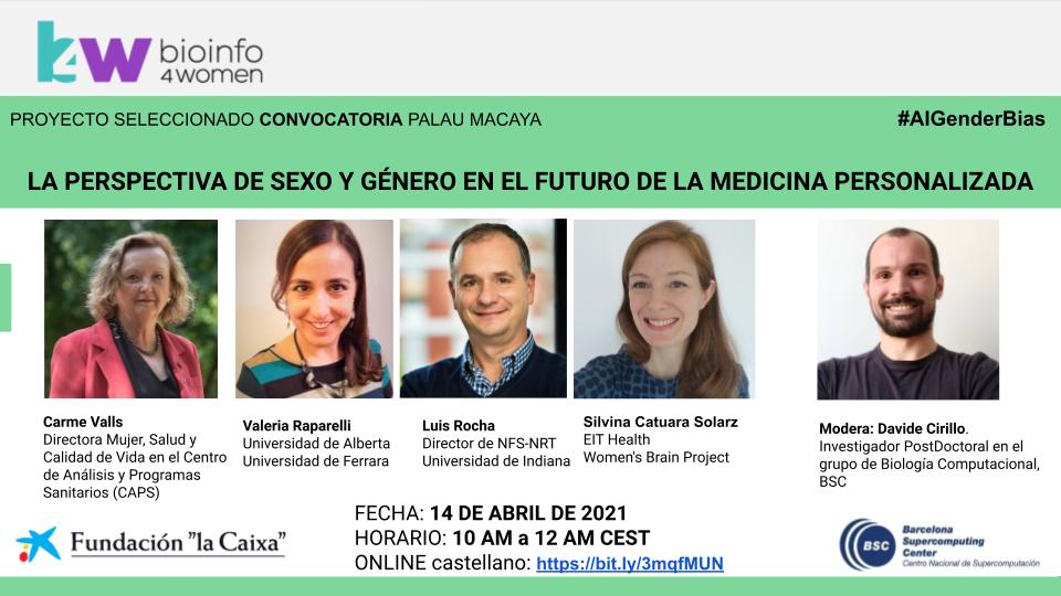 Bioinfo4Women (@bioinfo4women) on Twitter photo 📢 Seminario #AIGenderBias: La perspectiva de sexo y género en el futuro de la medicina personalizada
🗓️ 14 Abril, 10-13h
👥 @LlobetValls <a href="/ValeRaparelli/">Valeria Raparelli</a> <a href="/LuisMateusRocha/">Luis M. Rocha</a> <a href="/Sil_CatSolarz/">Silvina Catuara Solarz 🧠</a>; <a href="/Davide__Cirillo/">Davide Cirillo</a>
📺 Streaming bit.ly/3mqfMUN
✍️ Presencial proticketing.com/palaumacaya/es… 📢 Seminario #AIGenderBias: La perspectiva de sexo y género en el futuro de la medicina personalizada
🗓️ 14 Abril, 10-13h
👥 @LlobetValls <a href="/ValeRaparelli/">Valeria Raparelli</a> <a href="/LuisMateusRocha/">Luis M. Rocha</a> <a href="/Sil_CatSolarz/">Silvina Catuara Solarz 🧠</a>; <a href="/Davide__Cirillo/">Davide Cirillo</a>
📺 Streaming bit.ly/3mqfMUN
✍️ Presencial proticketing.com/palaumacaya/es…