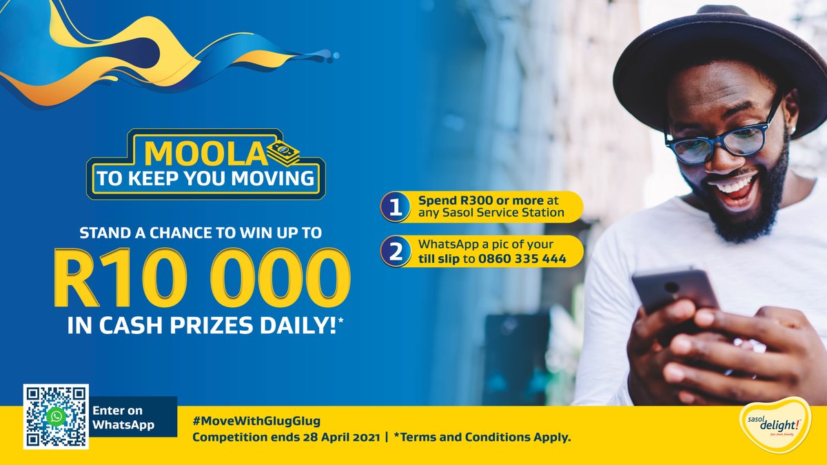 SasolSA's tweet photo. We're giving away up to R10k in cash prizes daily when you spend R300 or more at Sasol!
𝑹𝑬𝑻𝑾𝑬𝑬𝑻 this Tweet before 20 April 2021 to stand a chance to win R10k! T&amp;Cs apply #MoveWithGlugGlug https://t.co/uViR7qQ8fA