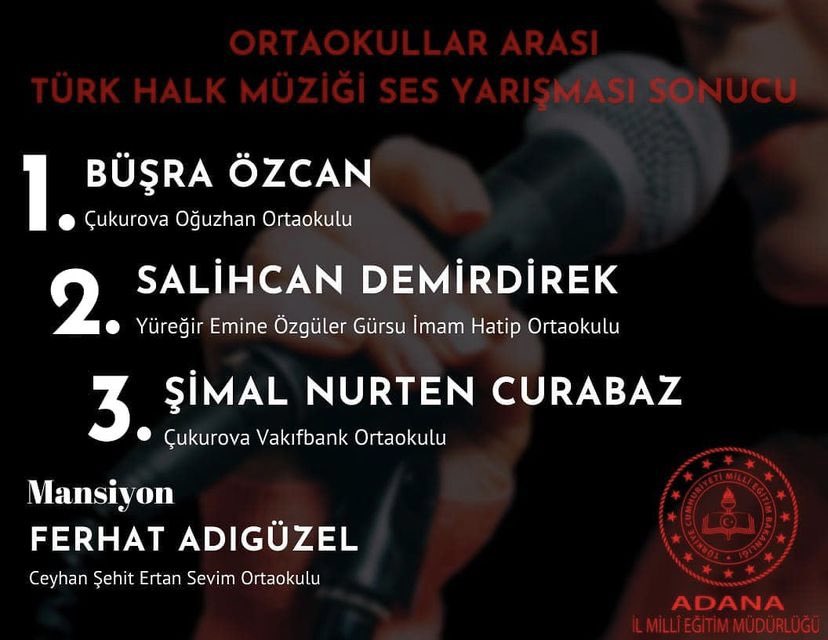 Adana İl Milli Eğitim Müdürlüğü tarafından düzenlenen Ortaokullar Arası Türk Halk Müziği Ses Yarışması Sonuçları Açıklandı.Birincimiz Çukurova Oğuzhan Ortaokulu Öğrencisi Büşra ÖZCAN ile üçüncümüz Çukurova Vakıfbank Ortaokulu Öğrencisi Şimal Nurten CURABAZ’ı Tebrik Ediyoruz.