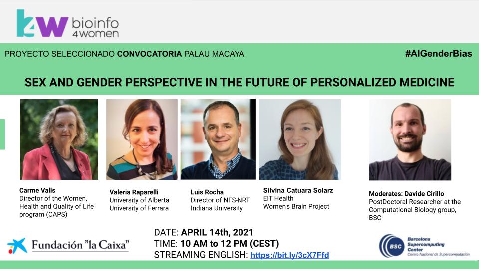 Bioinfo4Women (@bioinfo4women) on Twitter photo 📢 Seminar #AIGenderBias: Sex and Gender Perspective in the Future of Personalized Medicine
🗓️ April 14, 10-13h CEST
👥 @LlobetValls <a href="/ValeRaparelli/">Valeria Raparelli</a> <a href="/LuisMateusRocha/">Luis M. Rocha</a> <a href="/Sil_CatSolarz/">Silvina Catuara Solarz 🧠</a>; <a href="/Davide__Cirillo/">Davide Cirillo</a>
📺 Streaming bit.ly/3cX7Ffd
✍️ In-person proticketing.com/palaumacaya/es… 📢 Seminar #AIGenderBias: Sex and Gender Perspective in the Future of Personalized Medicine
🗓️ April 14, 10-13h CEST
👥 @LlobetValls <a href="/ValeRaparelli/">Valeria Raparelli</a> <a href="/LuisMateusRocha/">Luis M. Rocha</a> <a href="/Sil_CatSolarz/">Silvina Catuara Solarz 🧠</a>; <a href="/Davide__Cirillo/">Davide Cirillo</a>
📺 Streaming bit.ly/3cX7Ffd
✍️ In-person proticketing.com/palaumacaya/es…
