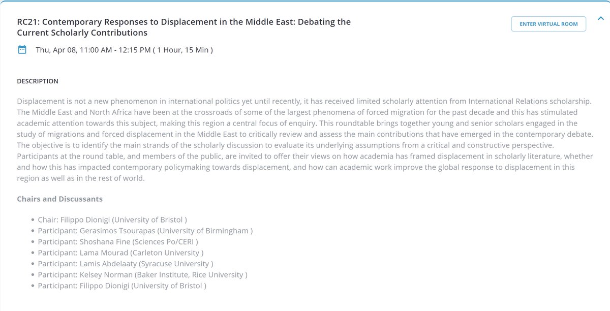 Looking forward to an interesting conversation with @gtsourapas, @shoshana_fine, @lamamourad, @LAbdelaaty, @kelseypnorman on the academic debate about forced displacement in the #MENA. 
Today at5PM (CEST)/11AM ET #ISA2021
Thanks to @_ENMISA!