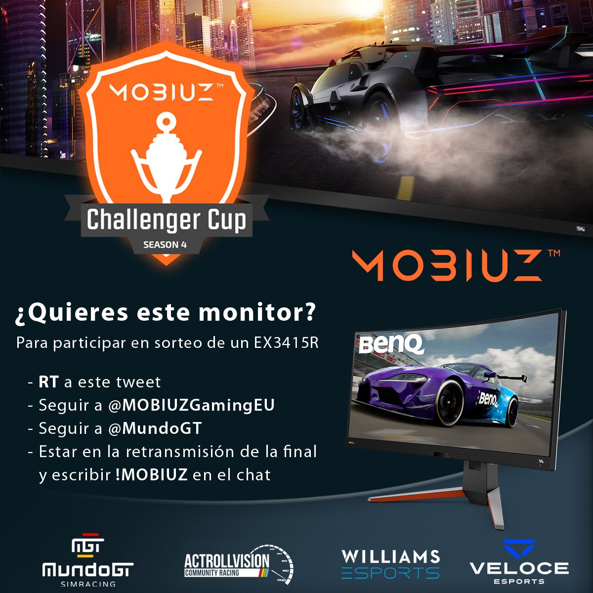 MundoGT's tweet image. 📝¡Este finde competición Assetto Corsa Competizione con #MOBIUZ Challenger 🏆Cup!

Y ojo menudo SORTEO gracias a @MOBIUZGamingEU. ¡¡Sigue las instrucciones de la imagen y un monitor curvo EX3415R puede ser tuyo!!

🏁La final será el día 11 a las 20:00h en twitch.tv/mundogt