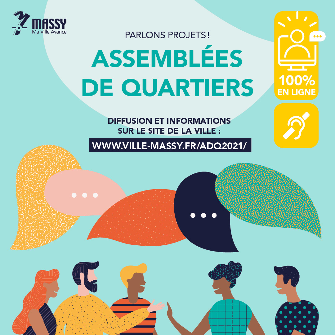 Rendez-vous ce soir à 20h pour suivre l'Assemblée de Quartier du Centre-Ville !! 

Au programme : 
🔸Test de la piétonisation de la rue Gabriel Péri
🔸Remplacement des ponts Chartres et de Gallardon (RER B et C)
🔸Travaux avenue du Général De Gaulle

▶ ville-massy.fr/adq2021/