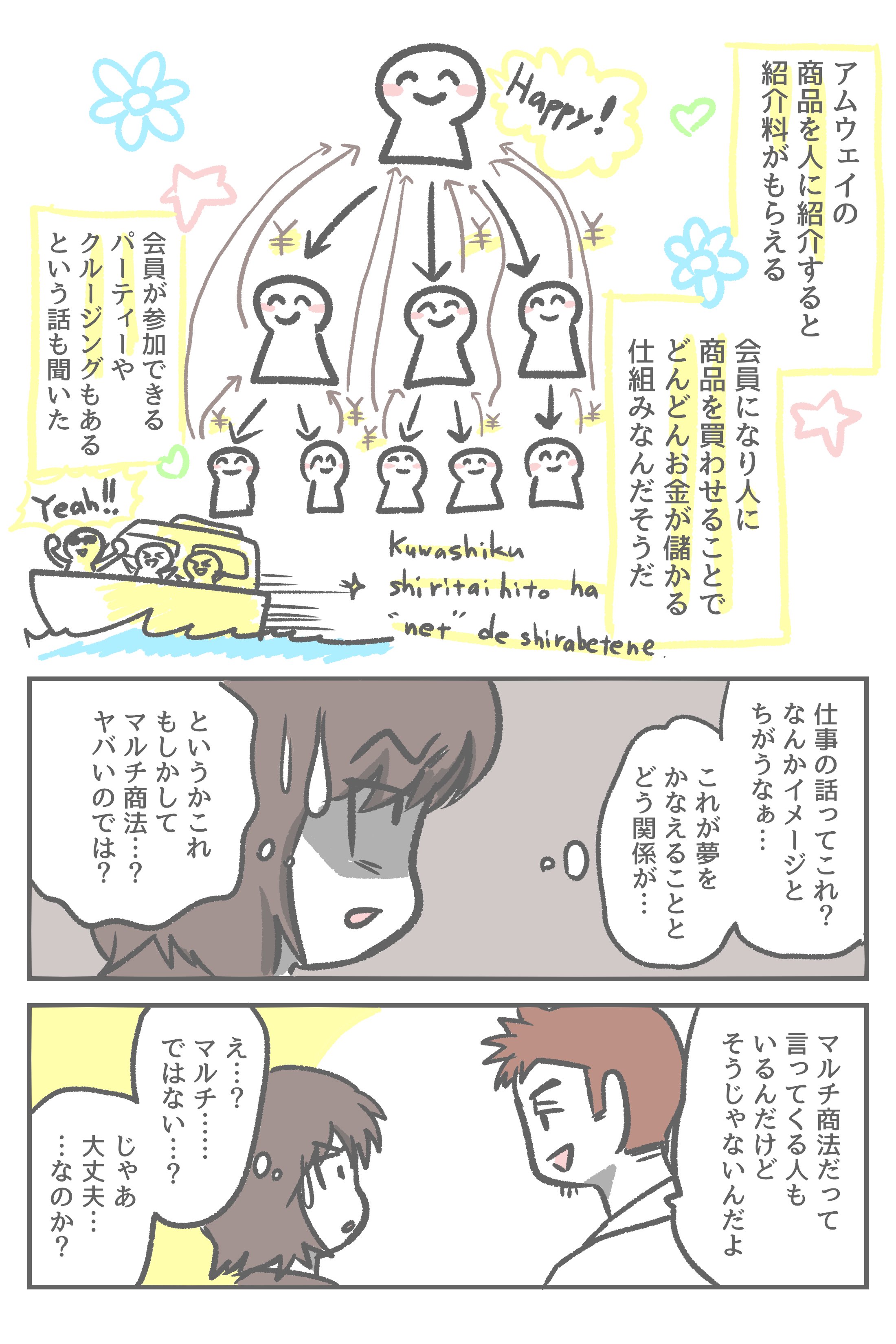 あみあきひこ 漫画家 というわけで アムウェイに勧誘された体験談でした 会員になって成功する人もいるとは思うんですが 安易に入会するものではないなと思います 人の言葉を鵜吞みにせずに自分で調べて考えた方がいいかも あと 以前も言いましたが