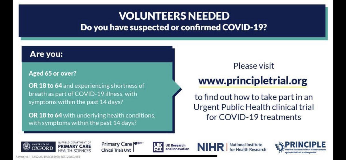 Do you have suspected or confirmed COVID-19? 

The Principle trial are looking for volunteers to help find effective C-19 treatments. 

#principletrial