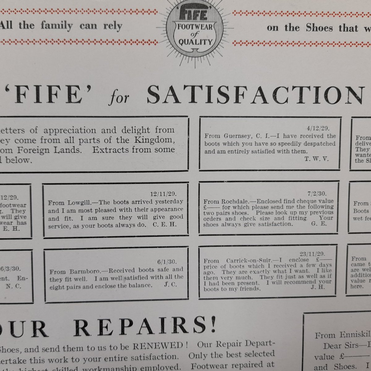 fifecountry's tweet photo. #throwbackthursday Some customer reviews on the back of our catalogue from 1930! Over 90 years later and we still appreciate all the customer feedback we receive. @fife_country #FifeCountry #HoggsOfFife #companyhistory #Fife #Strathmiglo #Since1888 #Footwear https://t.co/scQb2hqzkB