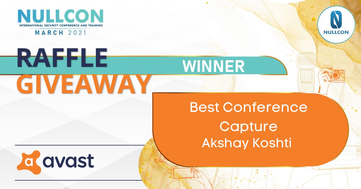 nullcon's tweet image. 🙌We had an amazing Nullcon Month with exciting Raffle giveaway contest🎉

🏆The winner for Best Capture from Nullcon Conference March 2021 Sponsored by @avast_antivirus is Akshay Koshti @akshayskoshti 
Congratulations !!

#AvastRaffle #Nullcon2021