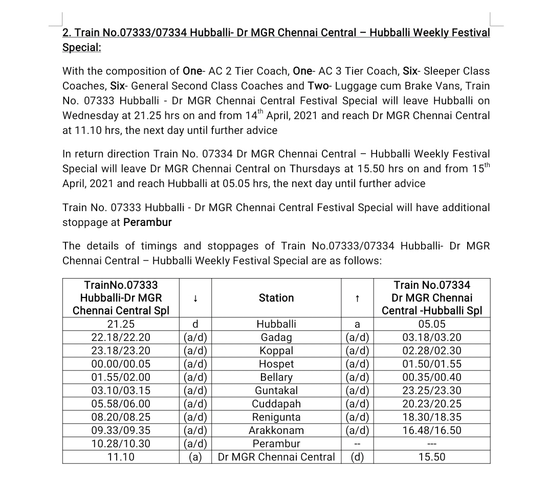 Hubballi-MGR Chennai Central - Hubballi Weekly festival Specials - Bookings open tomorrow from SR end #SRupdates