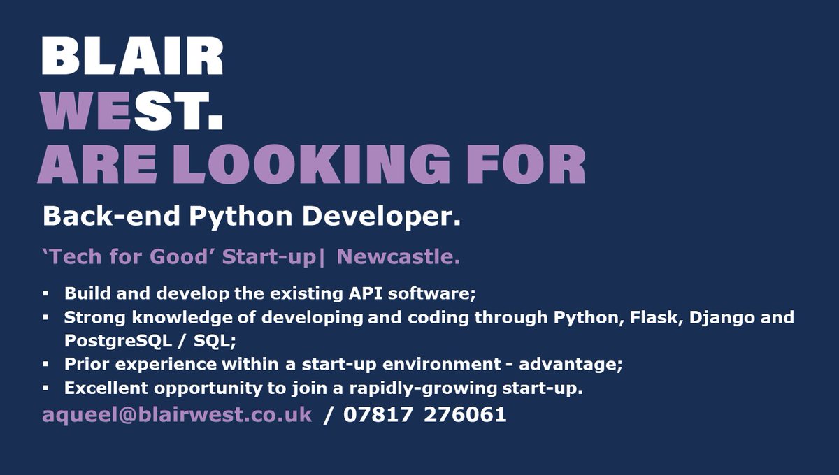 BlairWest are pleased to be working with a #Newcastle based #StartUp business that specialise in using 'Tech for Good', to recruit a #BackEnd #Python Developer.

Click here for more info - blairwest.co.uk/job/python-fla…