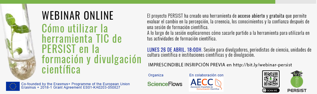 ScienceFlows's tweet photo. 📅 Lunes 26 de abril a las 18:00h
👩‍🎓Cómo utilizar la herramienta @Persist_EU en la formación y divulgación científica
👩‍🏫Especialmente dirigida a periodistas, divulgadores e instituciones de ciencia
🤝En colaboración con @aecomcientifica 
💻Inscripciones en https://t.co/eJr40g0k4U https://t.co/TdYvhlQ7HL