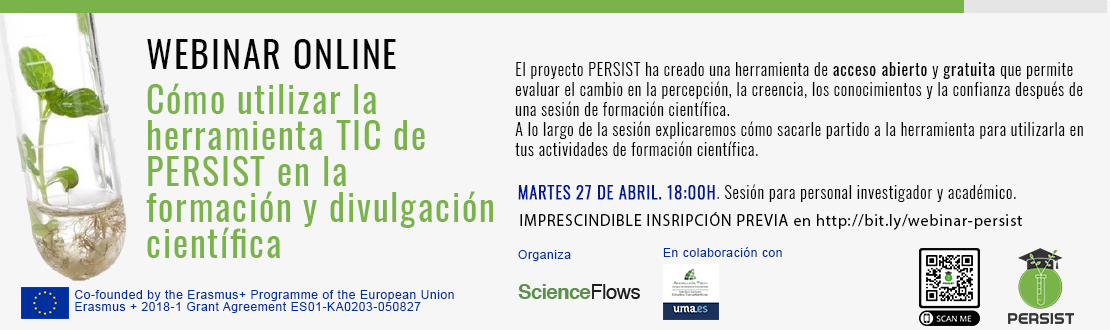 ScienceFlows's tweet photo. 📅 Martes 27 de abril a las 18:00h
👩‍🎓Cómo utilizar la herramienta @Persist_EU en la formación y divulgación científica
👩‍🏫Especialmente dirigida a investigadores y divulgadores
🤝En colaboración con @aecomcientifica 
💻Inscripciones en https://t.co/eJr40ghVtu https://t.co/CxDsVCW81K