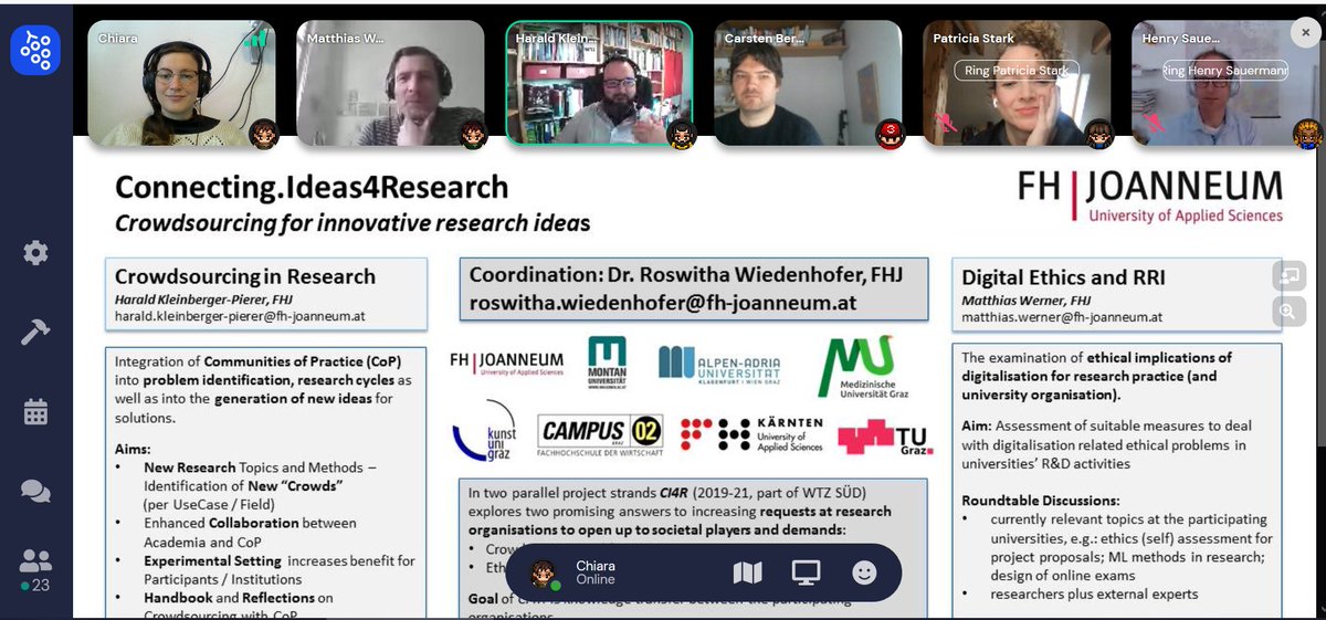 OIS_Center's tweet photo. Discussing virtually at the #oisconf21 the poster Connecting.Ideas4Research: Crowdsourcing for innovative #research ideas – reflections on exemplary use cases with communities of practice, from Harald Kleinberger-Pierer and Matthias Werner (@fh_joanneum) #RRI #openinnovation https://t.co/IUcYbnsyxq
