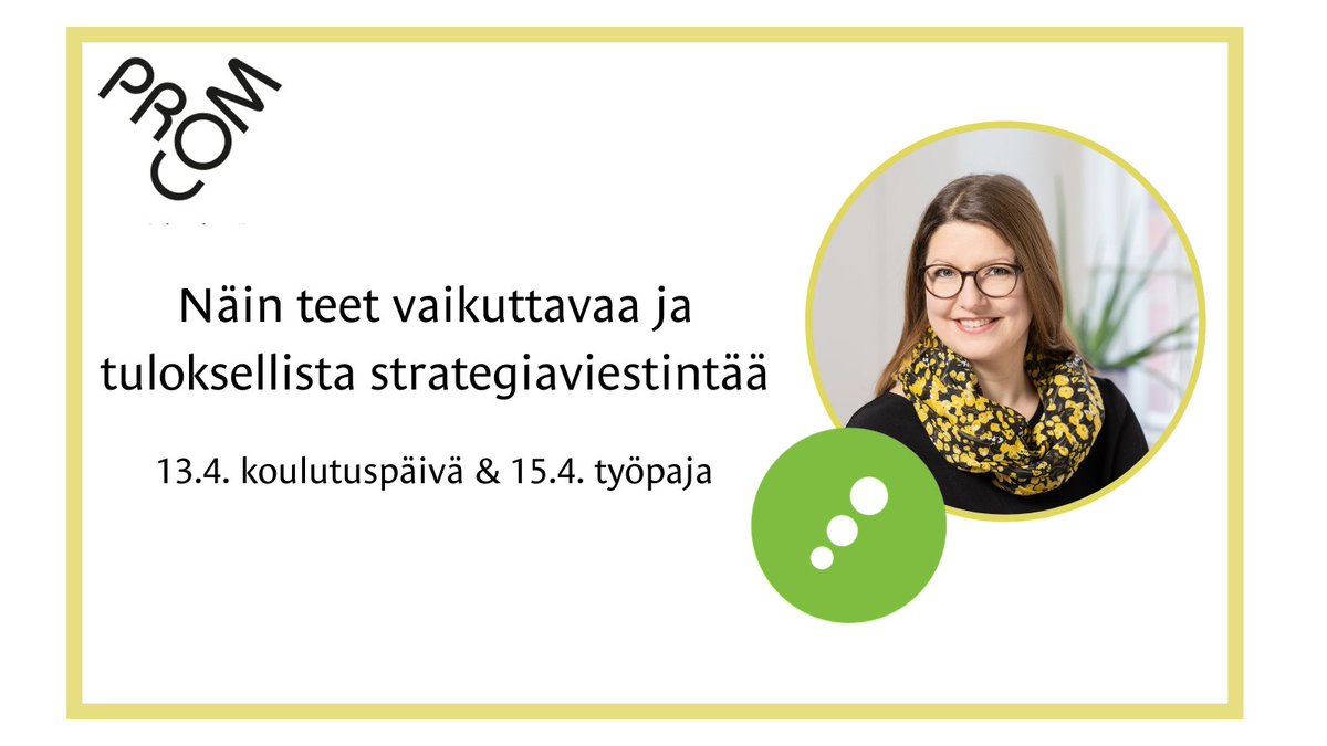 Kuinka luot vaikuttavaa ja ennen kaikkea innostavaa strategiaviestintää?✍️ ProComin kaksiosaisessa webinaarikoulutuksessa syvennymme <a href="/EllaKoota/">Ella Koota</a> ohjauksessa strategiaviestintään sekä teorian että käytännön kautta!

🔥 Ilmoittaudu mukaan kouluttautumaan: tapahtumat.procom.fi/tapahtumat/nai…