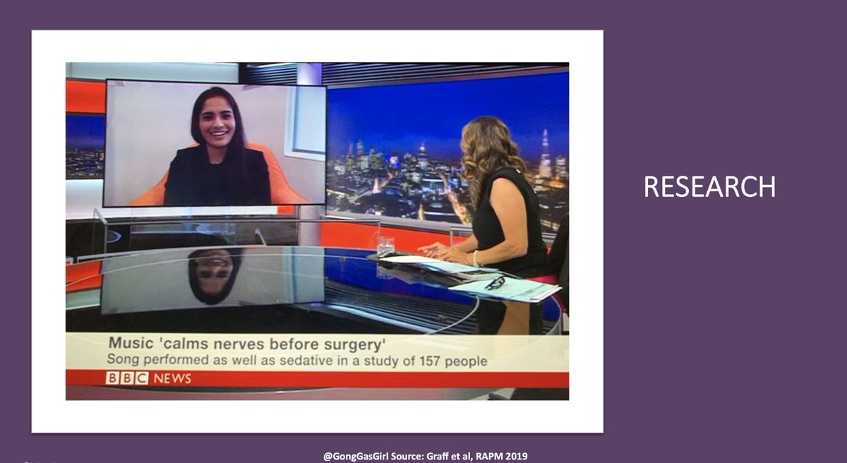 This  @VeenaGraffMD Music vs Midazolam RAPM paper compared anxiolysis in patients receiving blocks. It had worldwide engagement. 45 news items worldwide, and this BBC interview!Great way of moving out from behind the anaesthetic machine and letting our community know what we do.