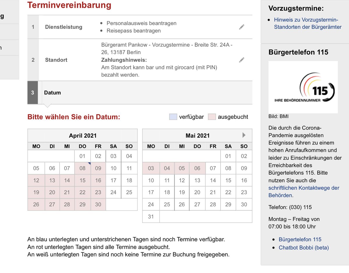 Termin Bürgeramt in #berlin nur bis 6.5 freigegeben. Allerdings nichts mehr frei. 115 Telefonnummer bricht auch ab. Realität #digitaleverwaltung. Die Quittung gibt es hoffentlich bei der Berliner Wahl.<a href="/Mac_Frank/">Frank Nägele</a> #failedstate