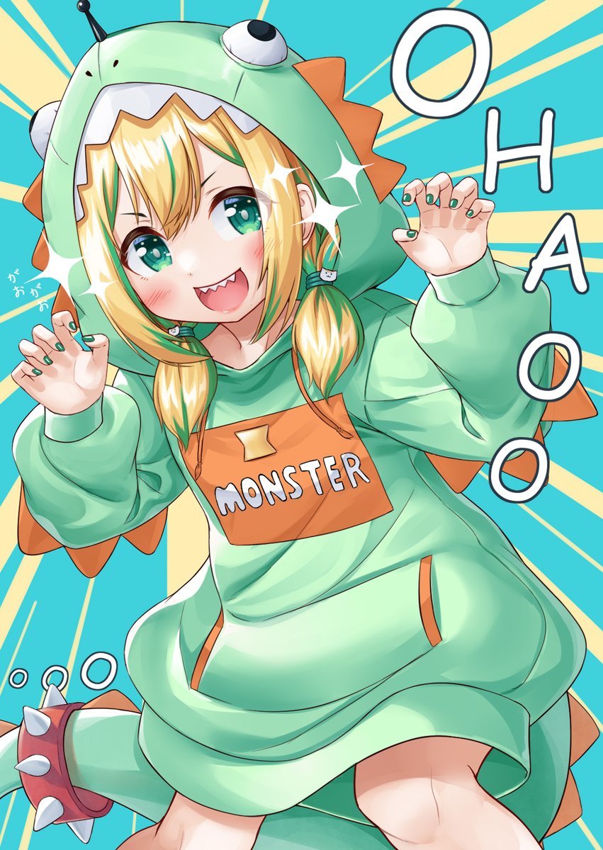 1girl hood solo teeth blonde hair sharp teeth claw pose  illustration images