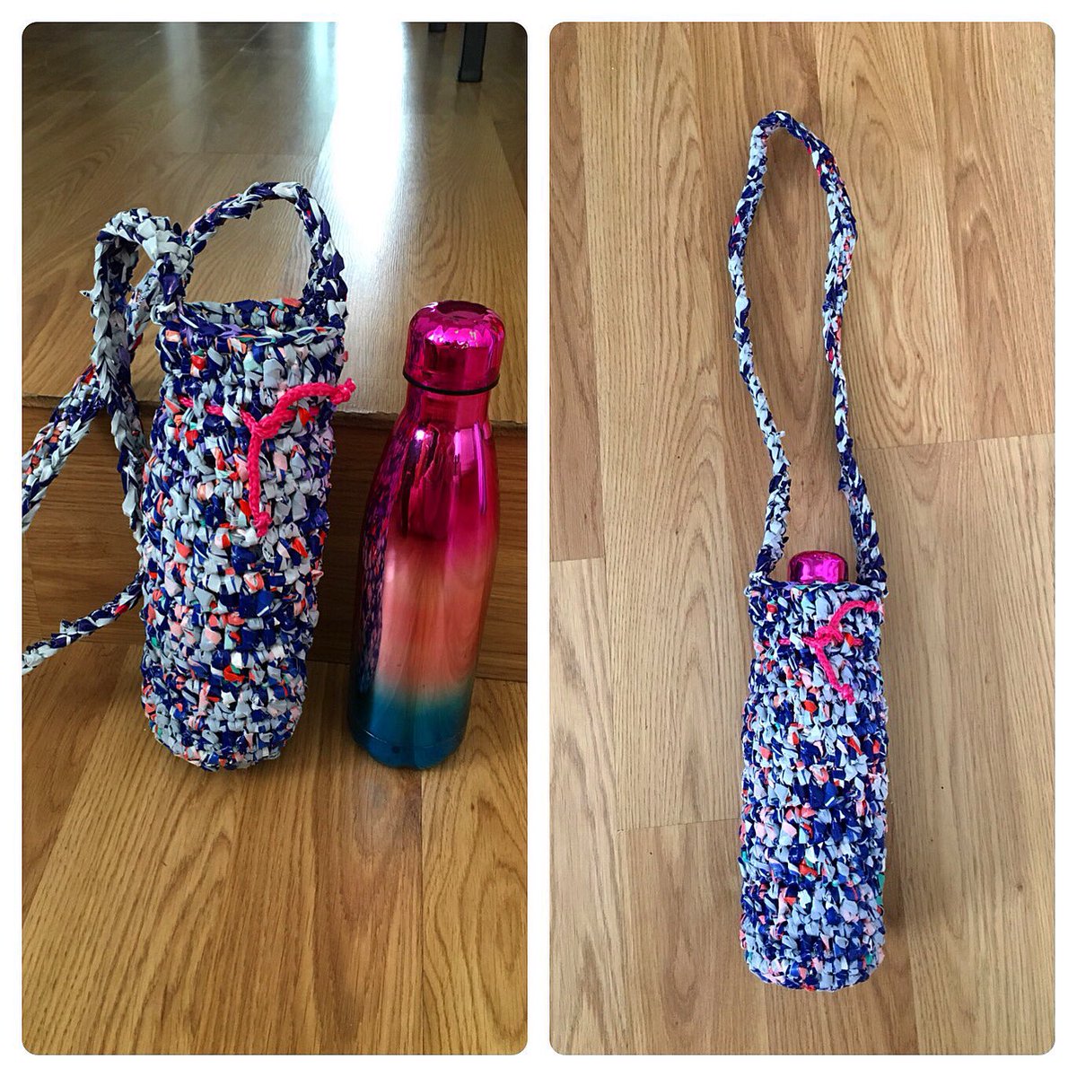 #handmade from #recycled #plasticbags #sustainablefashion #bottleholder #reuse #BeTheDifference available in all sorts of colours - just msg #walkingsbrilliant