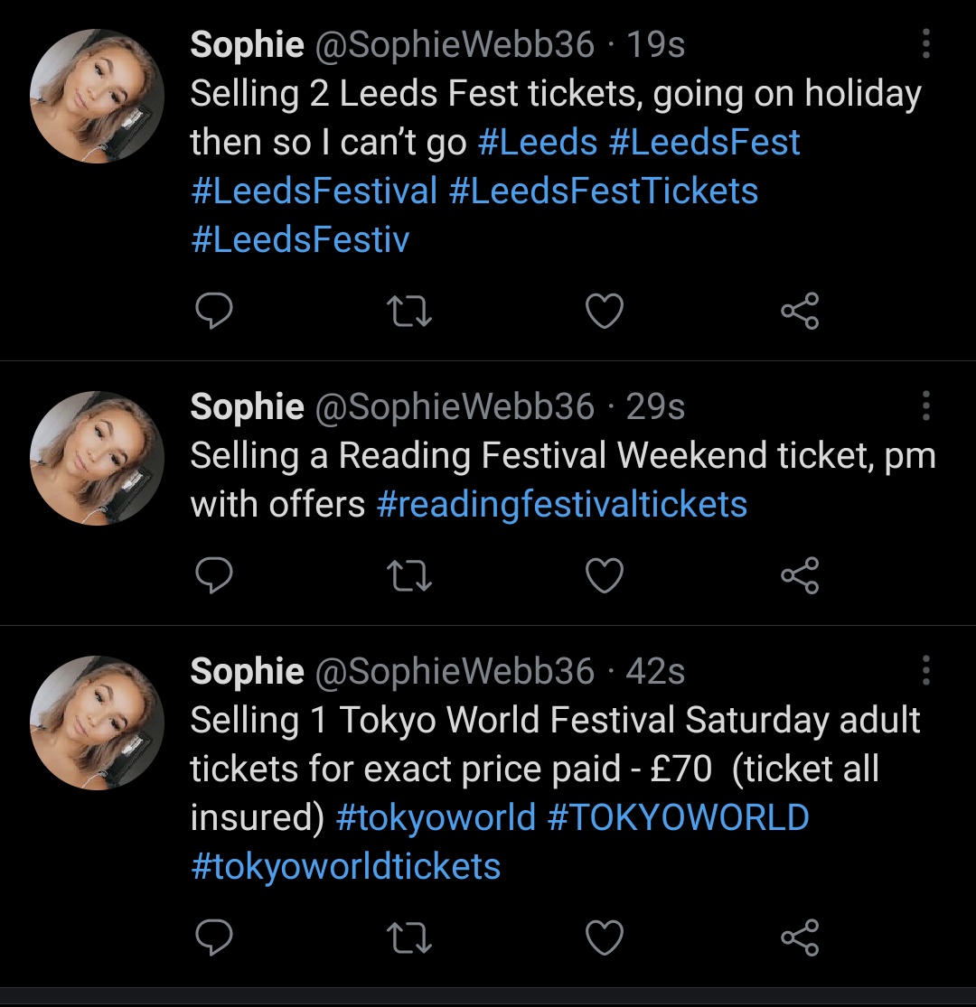 TruckFestival's tweet image. 'Sophie' with 0 followers seems have a lot of tickets to sell. Please don't fall for people like this. #fucktouts