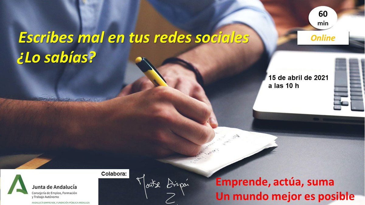 cadesevilla's tweet photo. ❓➡ ¿Qué errores cometemos al escribir en las redes sociales? ✍ ¿Llegas al público con lo que escribes?

Webinar "Escribes mal en tus redes sociales ¿Lo sabías?"

🗓️ Jueves, 15/4
⏰ 10 a 11 h
💻 Zoom
✍ https://t.co/PqFBFtCdAi
📞 671532407//671537198
Organiza #CadeUtrera https://t.co/rCvBIKRJV7