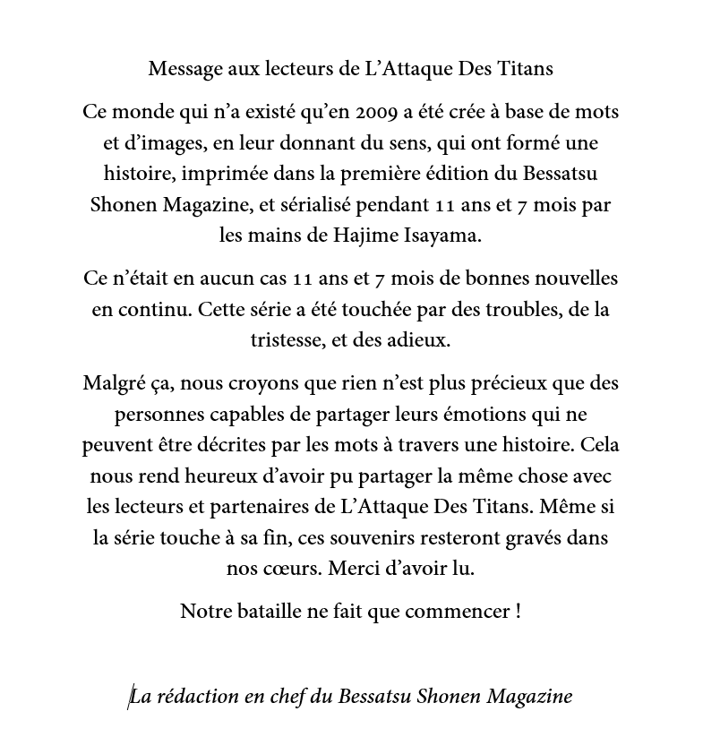 AttaqueTitansFR's tweet photo. Messages dédié aux lecteurs de L'Attaque Des Titans

Message écrit par la rédaction en chef du Bessatsu Shonen Magazine https://t.co/ao2ezUIUsw