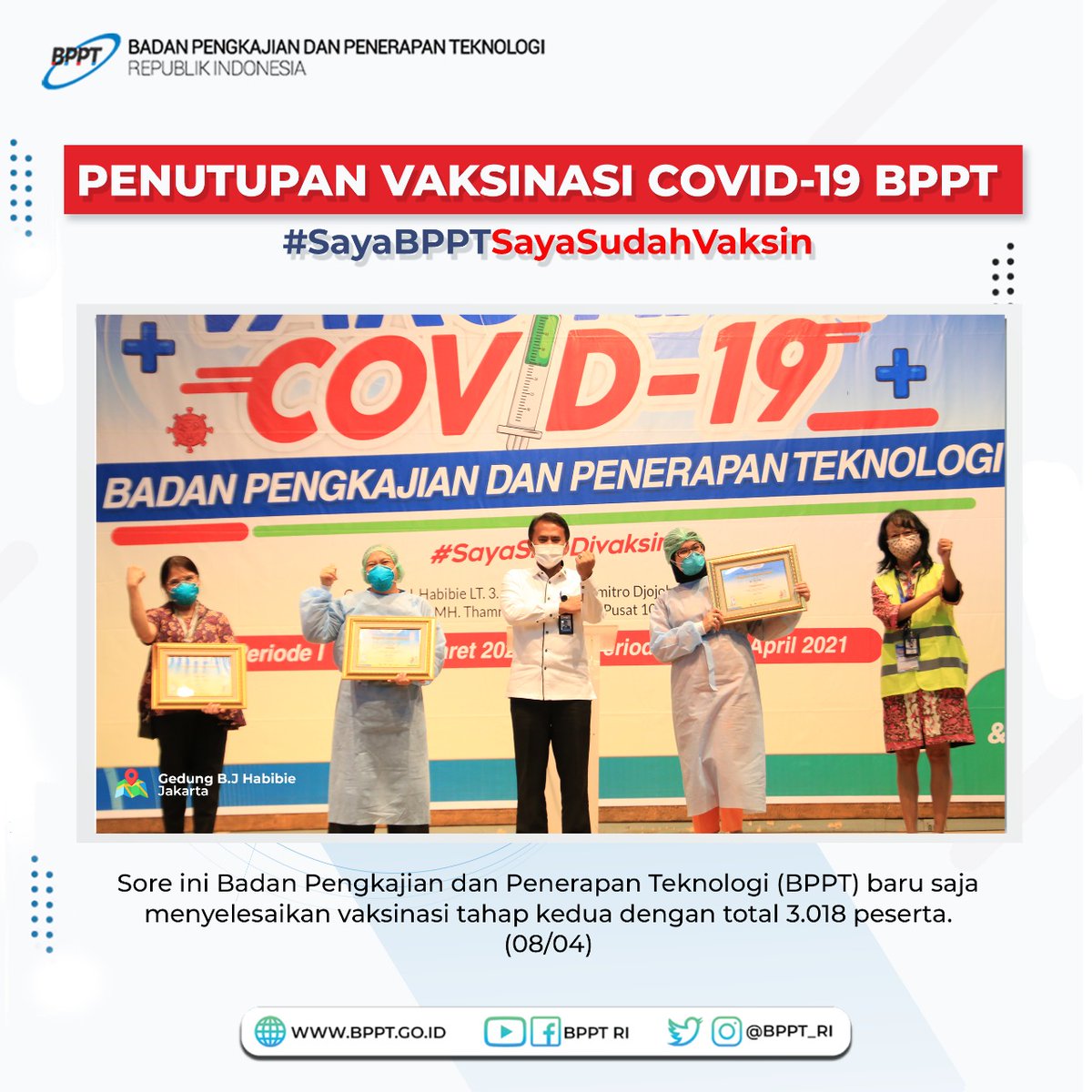 BPPT_RI's tweet image. Teknopren! Sore ini BPPT baru saja menyelesaikan vaksinasi tahap kedua dengan total 3.018 peserta. Vaksinasi dilakukan agar tercipta kekebalan kelompok (herd immunity) sehingga dpt menekan laju penyebaran Covid19 dan kita dapat lebih produktif dlm menjalani aktivitas, Teknopren.