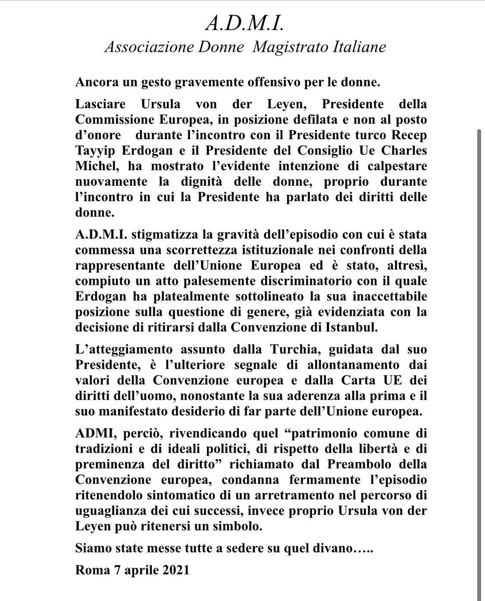 SilvyGrassi's tweet photo. Anche @DonneMagistrato stigmatizzano gravità del #sofagate “grave scorrettezza istituzionale nei confronti della rappresentanza dell’UE” e atto palesemente discriminatorio con cui Erdogan ha platealmente sottolineato la sua inaccettabile posizione sulla #questionedigenere https://t.co/beRujcMr3o