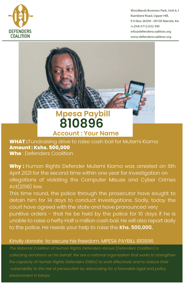 @Defenders Coalition 🇰🇪 (@defenderske) on Twitter photo The court has slapped hefty & punitive bail terms for <a href="/MutemiWaKiama/">Mzalendo Mūtemi wa Kīama</a> to be released. <a href="/DefendersKE/">@Defenders Coalition 🇰🇪</a> is collecting donations on his behalf to secure his freedom. Donate on Mpesa Paybill 810896, Account Your Name. So far Kenyans have contributed Kshs. 74, 417.
#StopGaggingUs The court has slapped hefty & punitive bail terms for <a href="/MutemiWaKiama/">Mzalendo Mūtemi wa Kīama</a> to be released. <a href="/DefendersKE/">@Defenders Coalition 🇰🇪</a> is collecting donations on his behalf to secure his freedom. Donate on Mpesa Paybill 810896, Account Your Name. So far Kenyans have contributed Kshs. 74, 417.
#StopGaggingUs