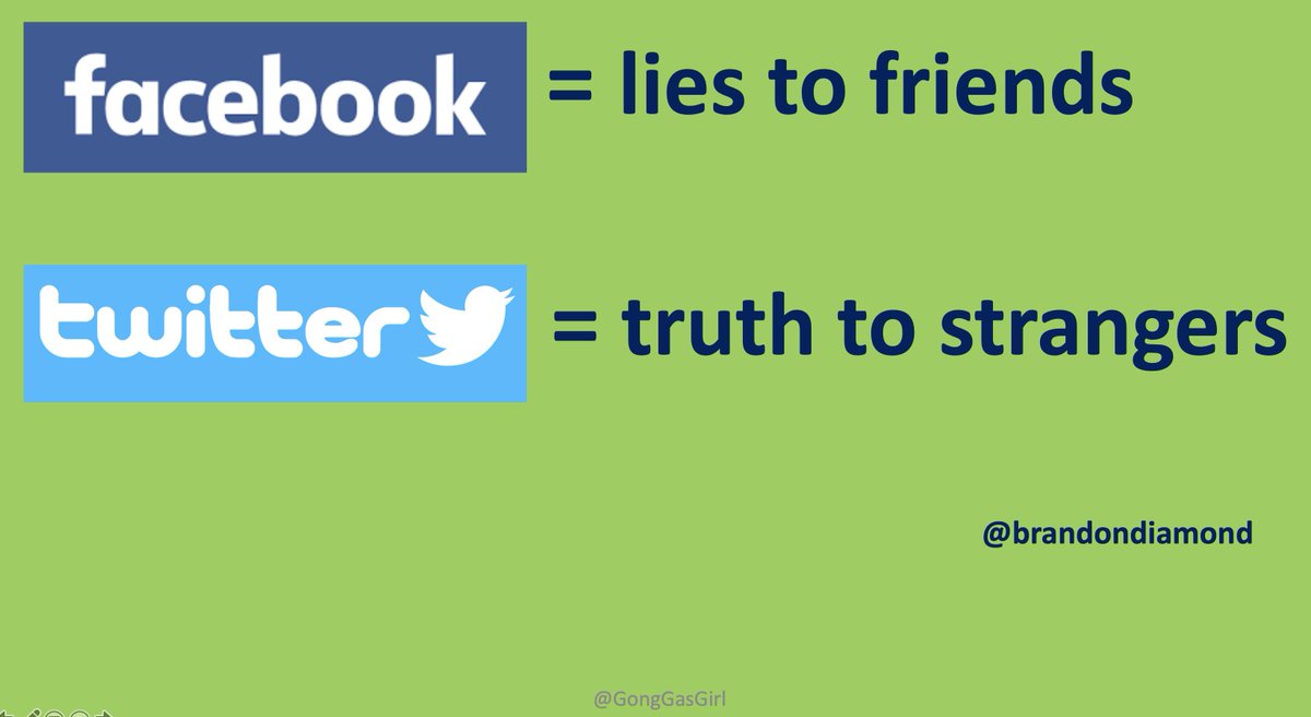 'Facebook is lies to friend, Twitter is truth to strangers'  @brandondiamond