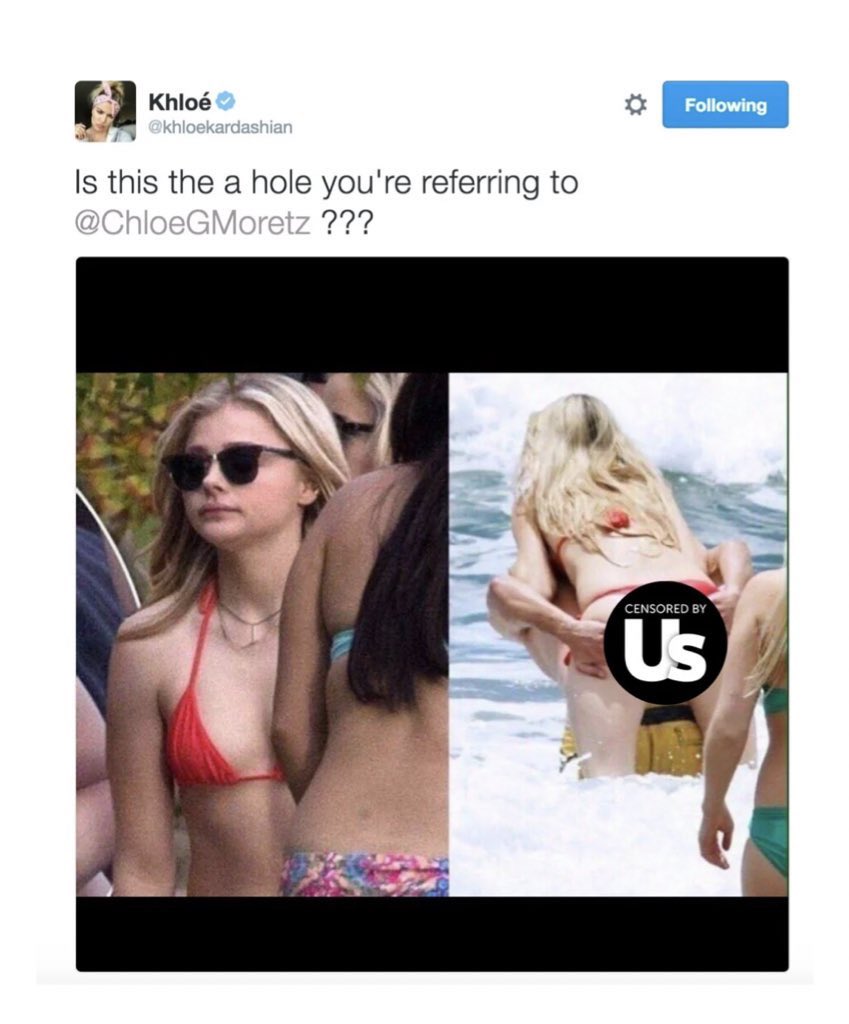 coucoutudors's tweet photo. you think i feel bad about khloe kardashian crying about an unedited pic of her body when she bullied a 19 year old at the big age of 32? NO. https://t.co/H22Hu8WshR