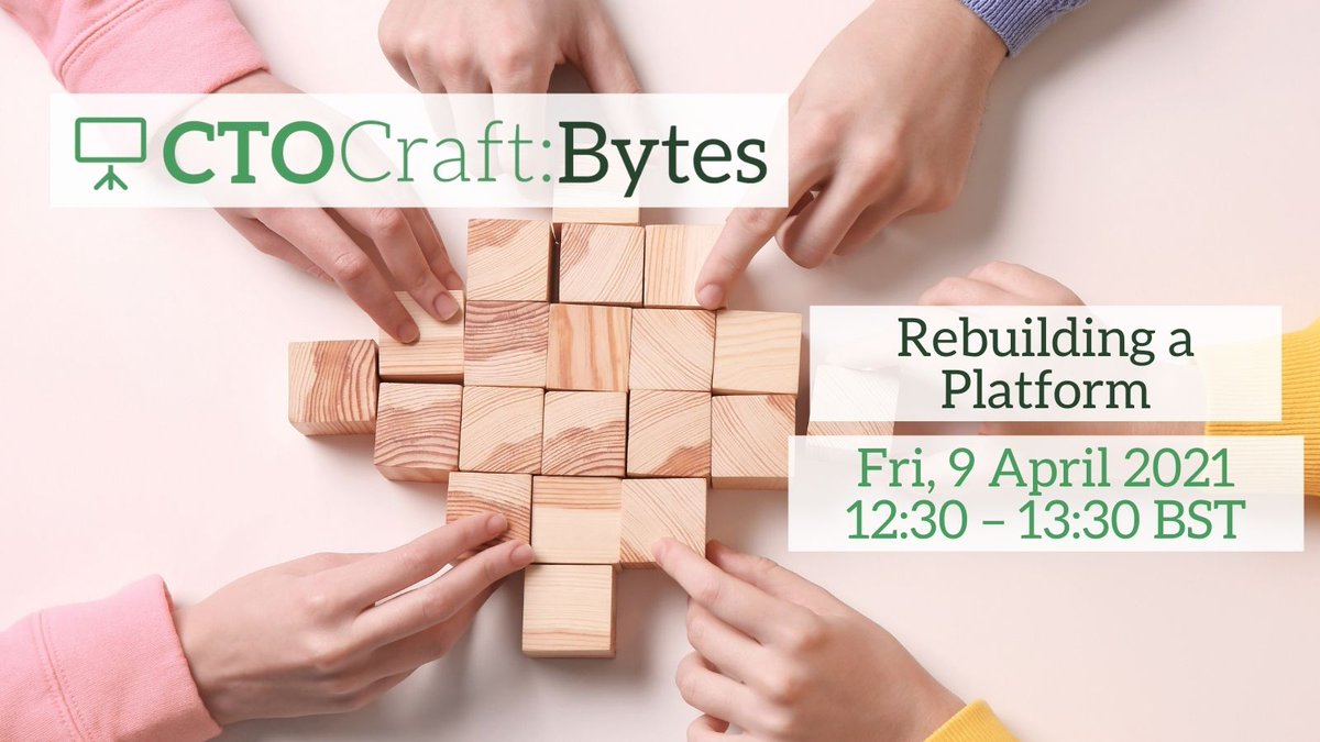CTOCraft's tweet image. Join us tomorrow for our latest CTO Craft Bytes!
Talking all things platform rebuild will be @fanoliveira, Jonathan Midgley & @glynrob
They'll share their experience of rebuilding platforms & insights on the process from a CTO's perspective.
bit.ly/2Oc8eIA