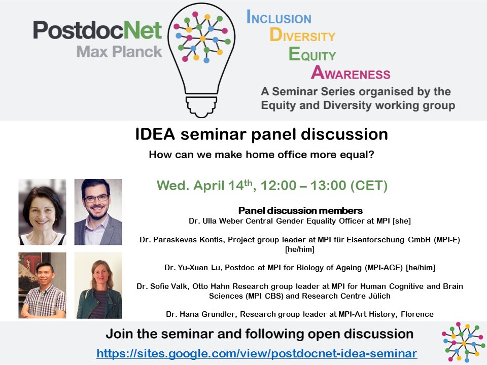 What have we learnt about working from home in the past year? How can home office improve for everyone? 💻🏡 Discuss with Dr. Ulla Weber @Yu_Xuan_Lu @sofievalk @KontisP Dr. Hana Gründler & us @MPGpostdocnet IDEA seminar | 14.4. | 12-1pm 👉 register here tinyurl.com/56w48v4z