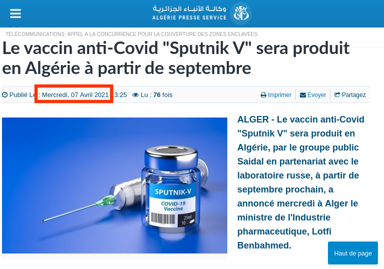 ONAPNT's tweet photo. Production du Sputnik V en Algérie :
🔹2 mars : le projet est à sa phase finale
🔹7 avril (Hier) : c'est à partir de septembre
#cheba3touna_makrout https://t.co/yHJb8eUz0L