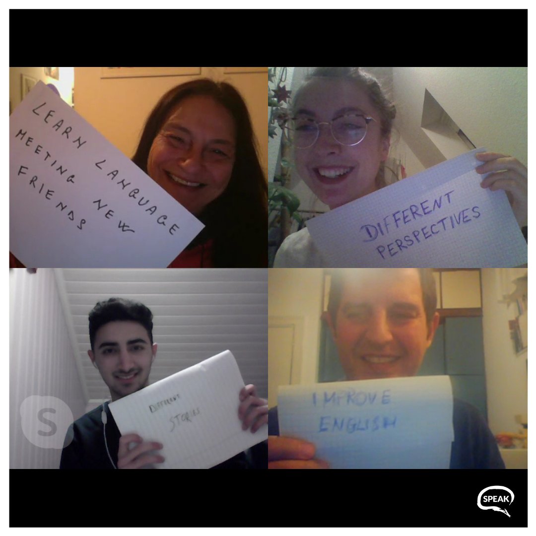 JoinSPEAK's tweet photo. #LanguageGroup This is Valeria, Marco and Mustafá learning English with their buddy Eleonora 🤩

Check what they said when we asked them what they like most about being part of SPEAK’s community!

Go to https://t.co/ycVvnYq5WM to learn a new language or help others learn one! https://t.co/EuibPXvx4h