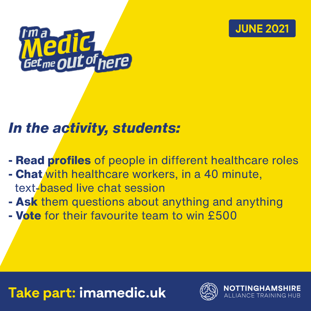 NottsAlliance's tweet photo. #ImaMedic connects students with healthcare workers online. Students can learn about the diversity of job roles in the NHS by sending questions to our colleagues within #notts.
Register as healthcare workers: https://t.co/r4zvhzuNeR
Register as teachers: https://t.co/lGKj6uGBwP https://t.co/oW6Tq5Cxjz