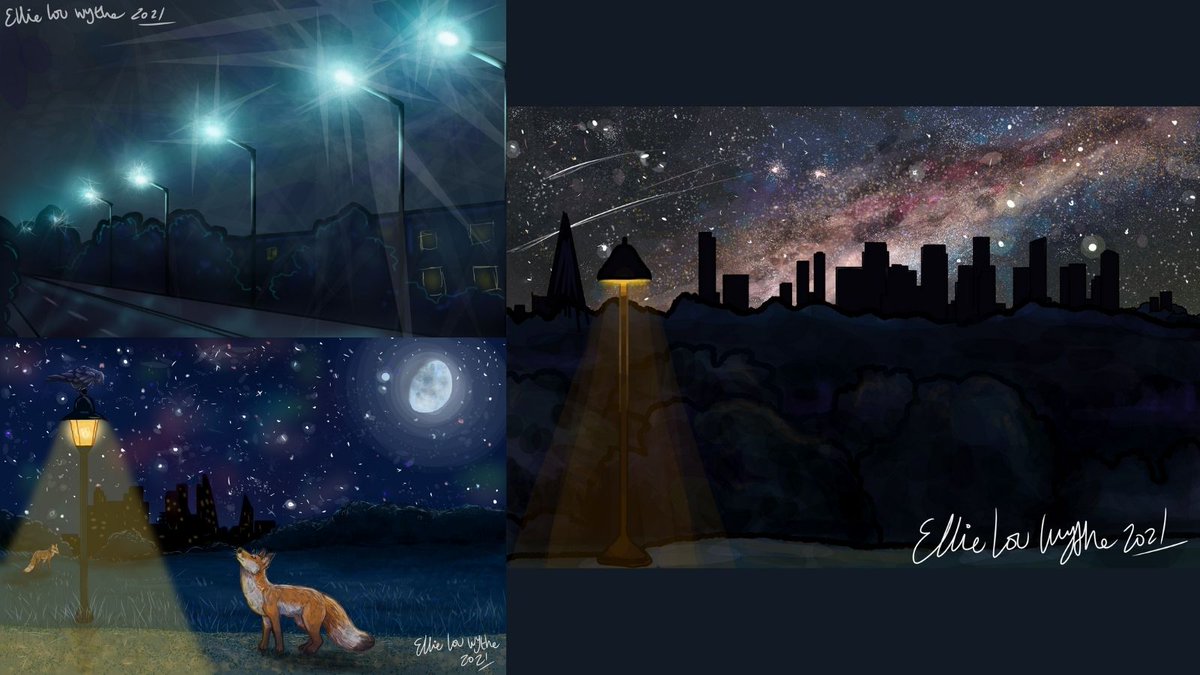 To celebrate #InternationalDarkSkyWeek we're excited to debut 3 dark-sky paintings we commissioned by London artist @Autumnal_Husky. They present a series of possibilities for London's nights. Check out the pieces and a Q&A with the artist: darksky.london/2021/04/08/dar… #IDSW2021