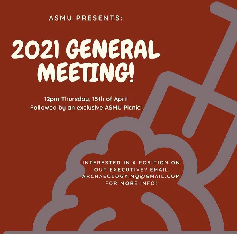 Archaeology_MQ's tweet photo. Hello All! 

ASMU is so excited to announce we will be having our online and in person General Meeting on the 15th of April at 12pm in 25WW A114!

Keep an eye out on our socials for more information on roles available! Keep cracking on, we will see you there! https://t.co/e31ACMqA61