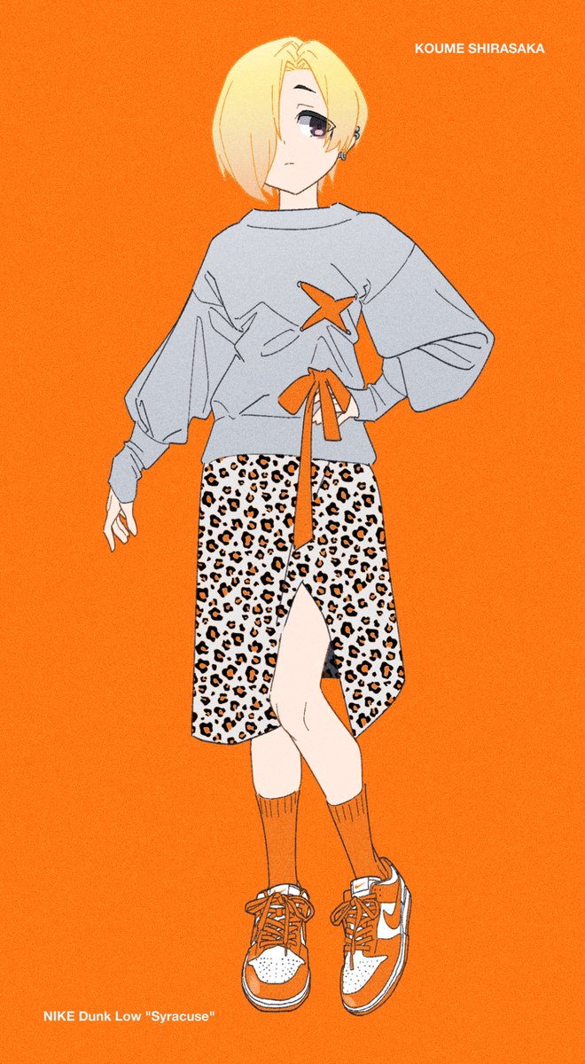 shirasaka koume 1girl solo blonde hair hair over one eye short hair orange background full body  illustration images