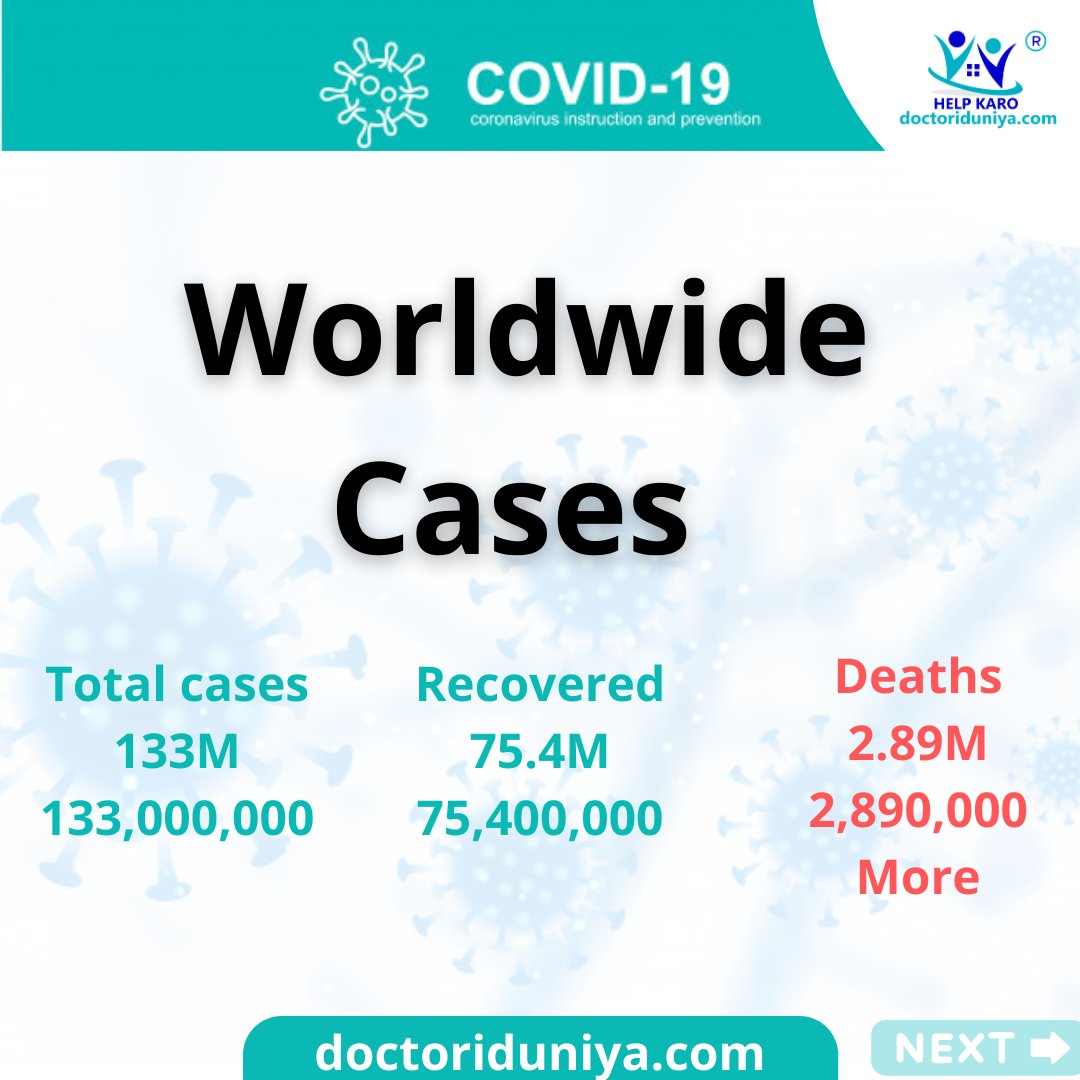 DoctoriDuniya's tweet photo. 🚫 COVID 19 is Spreading Faster Than the Last Year!
#staysafe
Visit to Consult Online - https://t.co/OmZR9SlfGS
Total World Wide cases cross 133M 😱
Recovered - 75.4 M😢
Death - 2.89M😢
#onlineconsultationdoctor #doctoriduniya #helpkaro #Covid19India #Covid19Cases #COVID19Deaths https://t.co/RKntu7ebZL