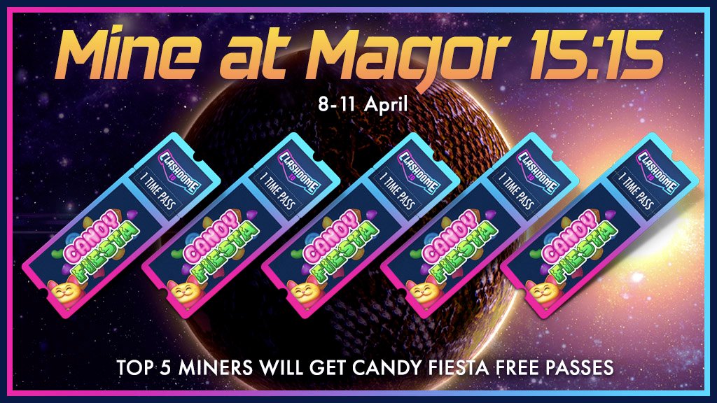 clash_dome's tweet photo. @AlienWorlds MINING PROMO at MAGOR 15:15 (5% commission - 8-11 April)

The top 5 miners will receive a #free pass #NFT to play a Candy Fiesta (match 3) tournament at https://t.co/RLj0QjWRrW. If luck and skill are on your side, you can convert those passes into prizes in $WAXP. https://t.co/TQNwFEnSZ4